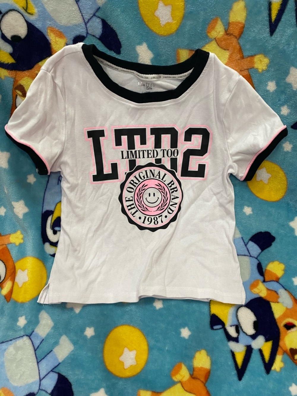 Limited Too White Tee with Pink & Black Trim and Graphic